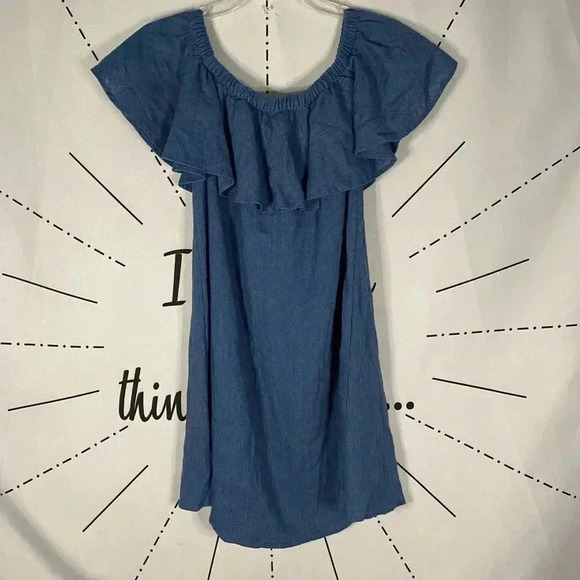 MADEWELL Rio Blue Ruffle Off Shoulder Linen Blend Dress - Picture 7 of 7